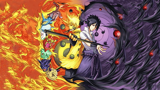 Anime Boys, Bijuu, fogo, Manga, Naruto Shippuuden, Rinnegan, Sharingan, Uchiha Sasuke, Uzumaki Naruto, HD papel de parede HD wallpaper