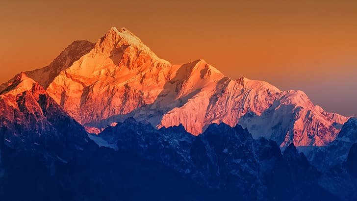 natur, landskap, berg, snö, snöigt berg, snöig topp, solnedgång, Indien, Himalaya, HD tapet