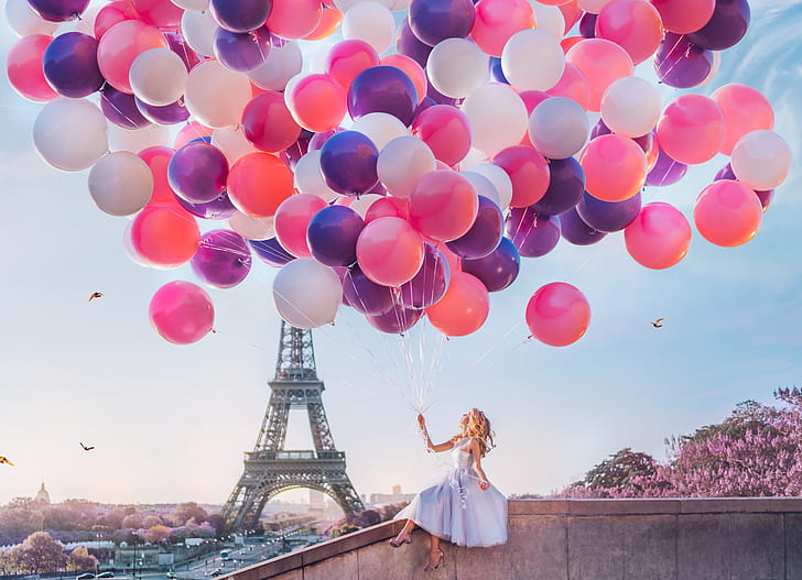 Women, Mood, Balloon, Blonde, Dress, Eiffel Tower, France, Girl, Model, Paris, White Dress, Woman, HD wallpaper