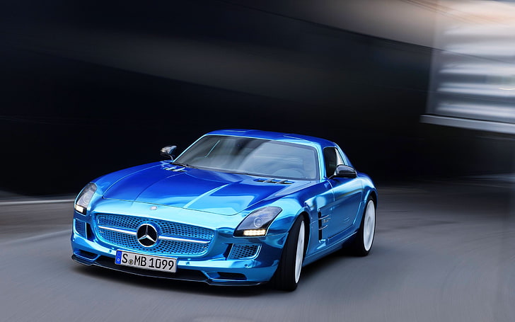 Mercedes-Benz, Auto, Blue, Lights, AMG, Coupe, SLS, Chrome, The front, Sports car, Electric Driv, HD wallpaper