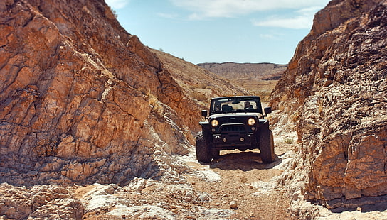 Jeep Wrangler สีดำ, รถจี๊ป, SUV, หิน, ทะเลทราย, วอลล์เปเปอร์ HD HD wallpaper