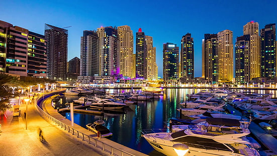 مرسى دبي لليخوت يمشي في الليل صور خلفيات عالية الدقة للغاية لسطح المكتب والجوال 3840 × 2160، خلفية HD HD wallpaper
