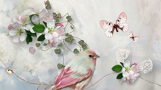 Spring Enchantment, firefox persona, beads, bird, butterfly, pink, spring, apple blossoms, lace, sakura, summer, 3d, HD wallpaper HD wallpaper