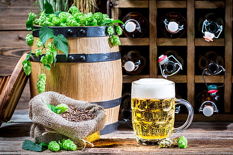 clear glass beer mug, beer, mug, bottle, light, barrel, hops, HD wallpaper HD wallpaper