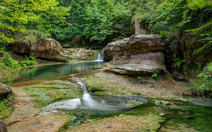 Rock stream cascade, body of water on rock formation, forest, rock, stream, cascade, HD wallpaper