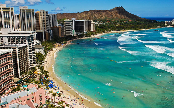 Pantai Waikiki Hawaii, struktur bangunan dan pantai, pantai, hawai, waikiki, perjalanan dan dunia, Wallpaper HD