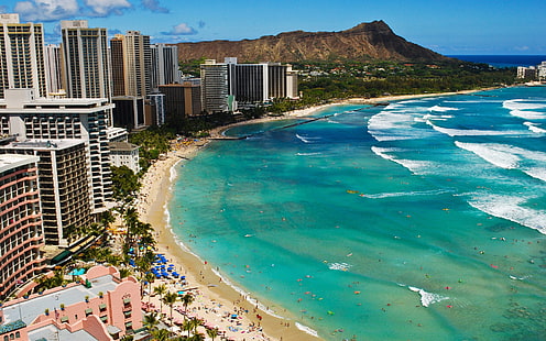 Waikiki beach Hawaii, structure du bâtiment et plage, plage, hawaii, waikiki, voyage et monde, Fond d'écran HD HD wallpaper
