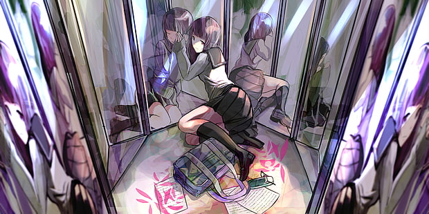 anime, anime girls, skirt, school uniform, schoolgirl, schoolbags, mirror, knee-highs, HD wallpaper HD wallpaper