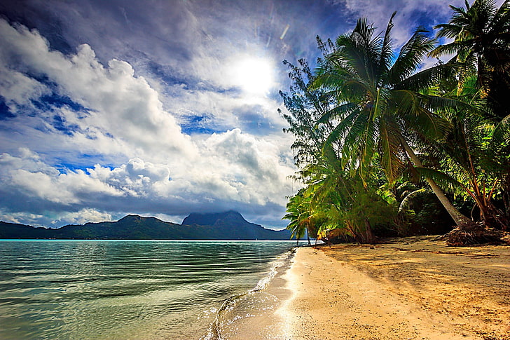 море, остров, пальмы, солнечный свет, бора бора, природа, пляж, пейзаж, французская полинезия, облака, тропический, HD обои