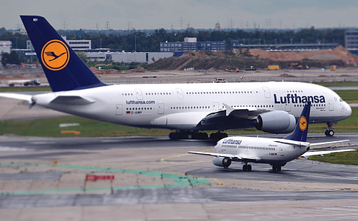 طائرة لوفتهانزا بيضاء ، الطائرة ، بوينج ، طيران ، A380 ، لوفتهانزا ، إيرباص ، 737 ، اثنان ، مدرج، خلفية HD HD wallpaper