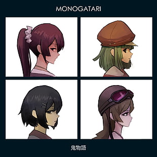 Monogatari Series, аниме момичета, кросоувър, Gorillaz, Senjougahara Hitagi, Sengoku Nadeko, Hanekawa Tsubasa, Oshino Shinobu, HD тапет HD wallpaper