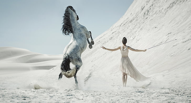 women's white sleeveless dress, sand, girl, horse, desert, whip, HD wallpaper