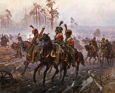 horsemen beside tree wallpaper, oil, picture, canvas, Alexander, Averyanov, Patriotic war, &quot;Under the Gorodnya. 13(25) October 1812., HD wallpaper HD wallpaper