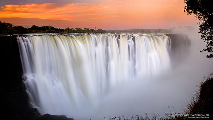 شلالات فيكتوريا عند غروب الشمس ، زيمبابوي ، إفريقيا ، الشلالات، خلفية HD