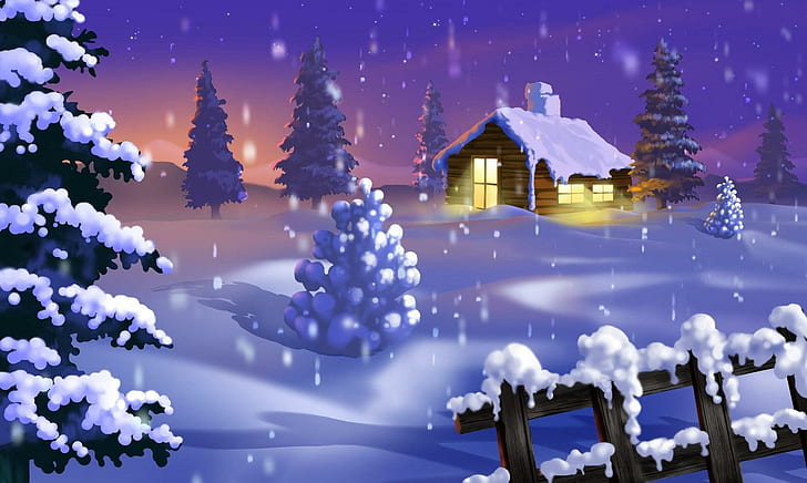 christmas trees, night, home, lights, holiday, new year, brown cabin in middle of snow illustration, christmas trees, night, home, lights, holiday, new year, HD wallpaper
