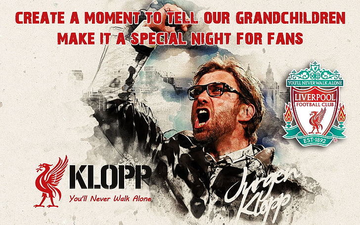 Jurgen Klopp, Liverpool FC, YNWA, liverbird, text, LFC, HD wallpaper