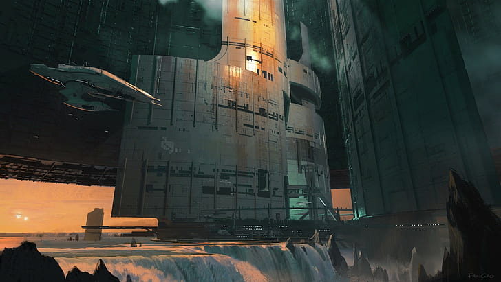 graues Raumschiff, Science Fiction, Weltraum, Raumschiff, Wasserfall, HD-Hintergrundbild