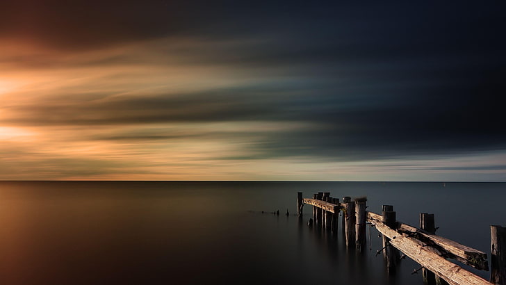 evening, horizon, sky, calmness, waterscape, sunset, HD wallpaper