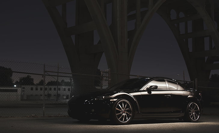 black sedan, Bridge, Night, Street, Mazda, Black, RX-8, RX8, HD wallpaper