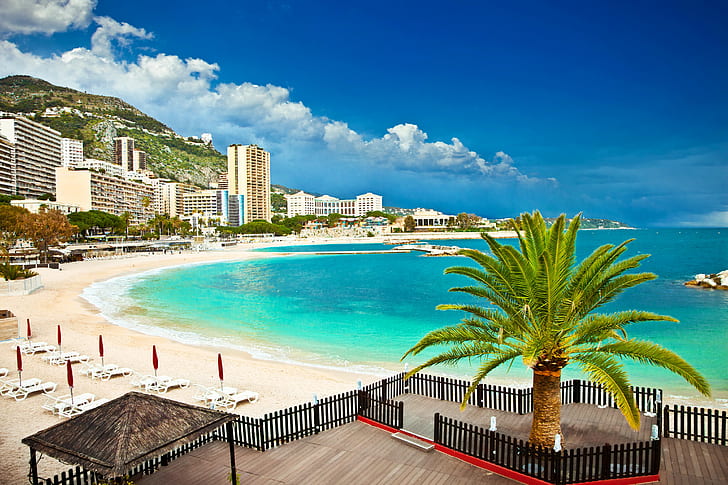 Монако, Монте-Карло, пляж, пляж, песок, облака, горы, дома, пальмы, море, Монако, Монте-Карло, HD обои