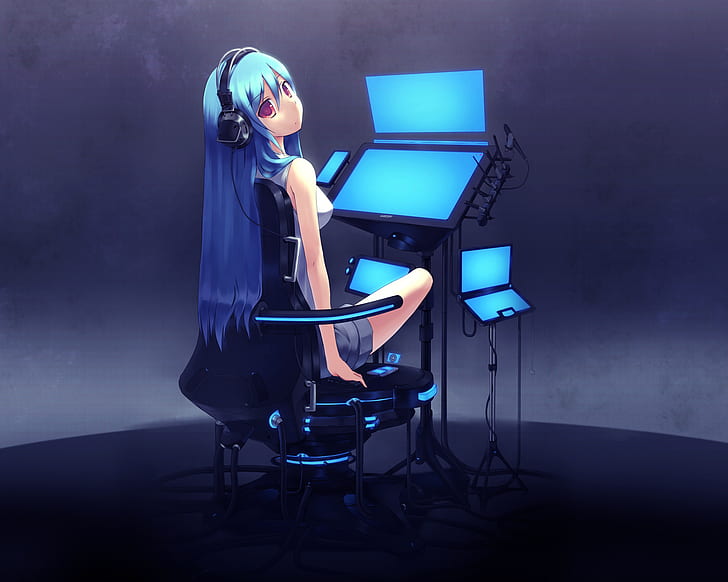 anime, gadis anime, karakter asli, rambut biru, headphone, Wallpaper HD
