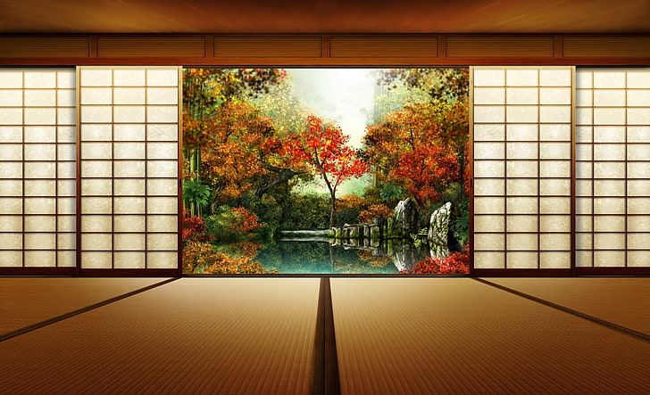Jardin japonais, diviseur de pièce shoji et peinture d'arbres, architecture, Fond d'écran HD
