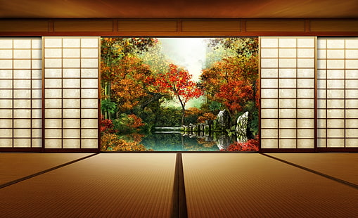 Японска градина, разделител на стаята сёджи и рисуване на дървета, архитектура, HD тапет HD wallpaper