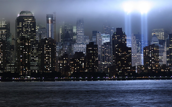 grattacieli, World Trade Center, New York, memoriale, luci, grattacieli, raggi, Sfondo HD