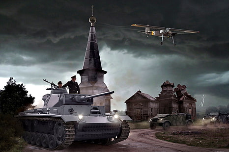 Kościół, czołg, samolot, niemiecki, średni, tankowce, Fieseler, Pz.III, Fi.156, Volkswagen Type 82, chmury burzowe, Tapety HD HD wallpaper