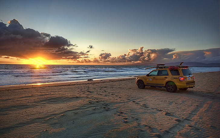 pantai, matahari terbenam, laut, awan, mobil, Wallpaper HD