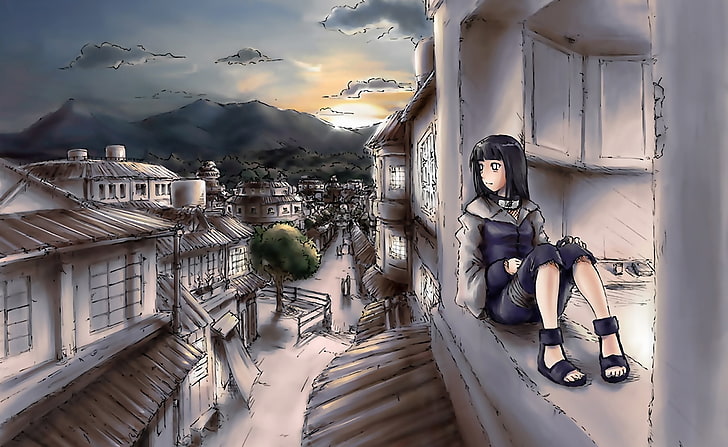 Naruto Hyuuga Hinata, kvinna sitter på fönstret animerad illustration, Konstnärlig, Anime, Naruto, Hyuuga, Hinata, HD tapet