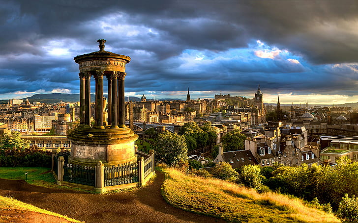 градски пейзаж, Единбург, Шотландия, облаци, слънчева светлина, паметници, Великобритания, HD тапет