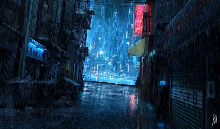 high rise building, photo of pathway between building illustration, city, rain, night, cyberpunk, futuristic city, science fiction, futuristic, cityscape, apocalyptic, HD wallpaper