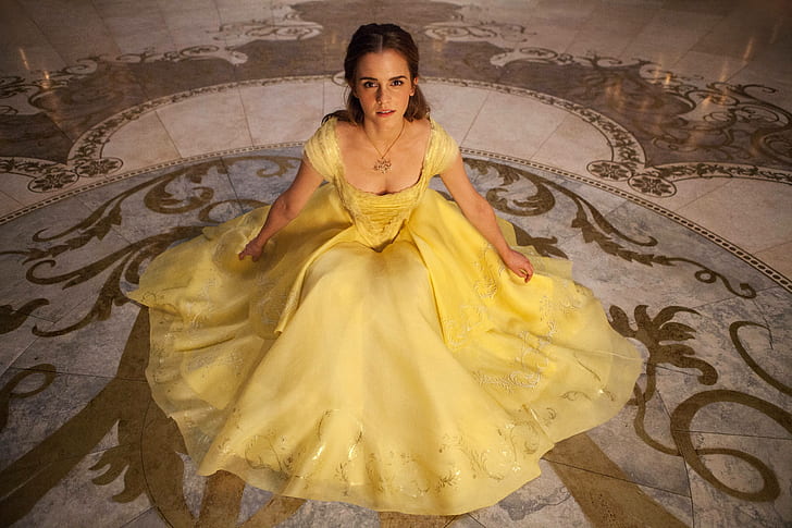 Emma Watson, Hollywood, Güzel ve Çirkin, Belle, elbise, sarı elbise, kadınlar, oyuncu, HD masaüstü duvar kağıdı