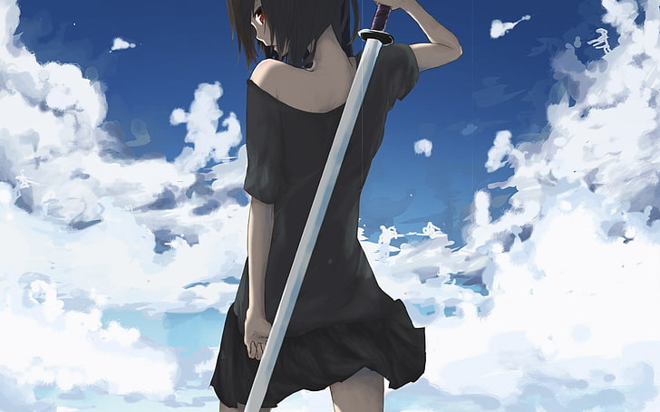 жена с меч аниме герой, аниме, меч, аниме момичета, оригинални герои, фентъзи момиче, произведения на изкуството, небе, облаци, HD тапет