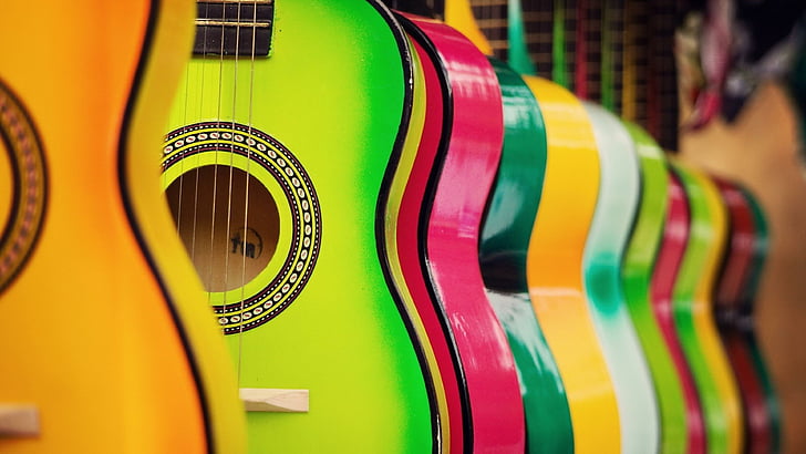 penuh warna, gitar, instrumen, toko, penjualan, Wallpaper HD