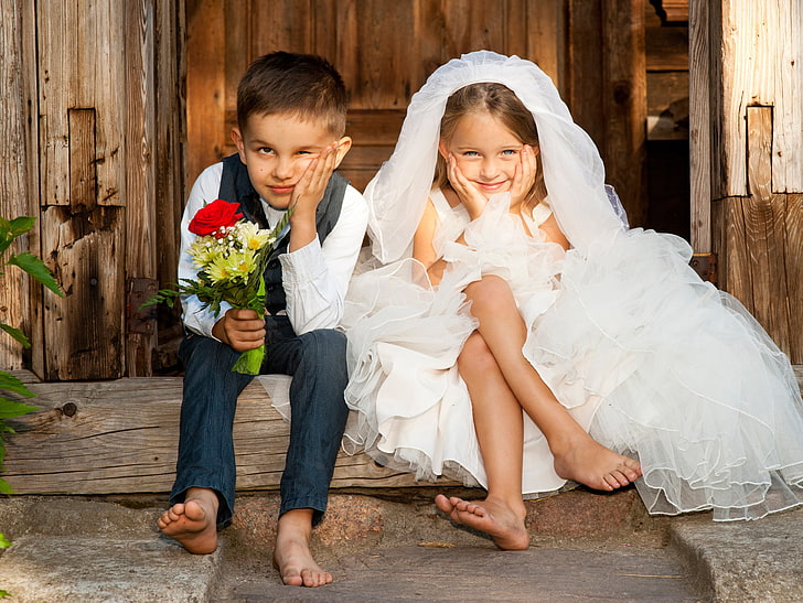 children, smile, bouquet, boy, girl, two, the bride, the groom, HD wallpaper