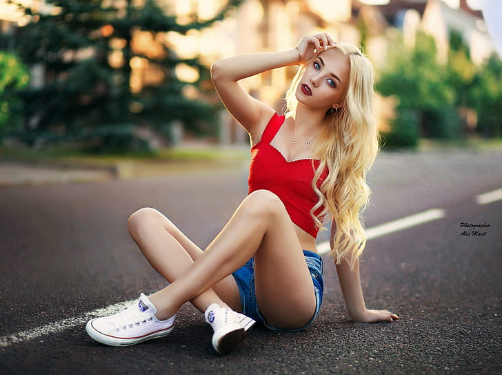 girl, trees, street, shorts, sneakers, home, makeup, Mike, figure, hairstyle, blonde, photographer, posing, bokeh, sitting, on the road, Alex Marti, Uliana Verenchikova, HD wallpaper