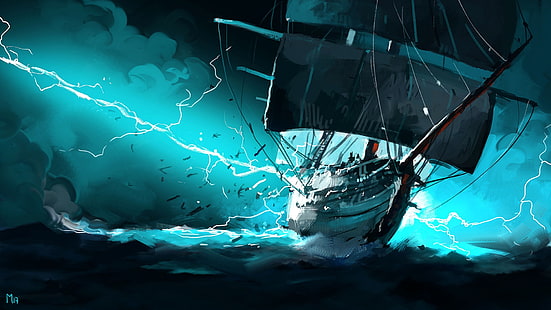 fantasy art, storm, ship, sea, artwork, Dominik Mayer, cyan, HD wallpaper HD wallpaper