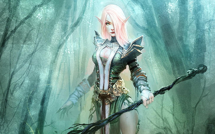 wallpaper digital karakter wanita, seni fantasi, elf, rambut merah muda, Wallpaper HD