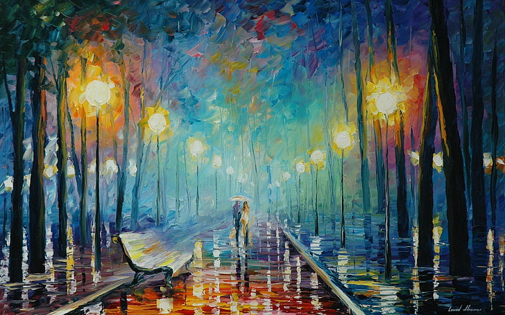 couple walking in the rain painting, lovers, rain, umbrella, trees, street light, painting, HD wallpaper