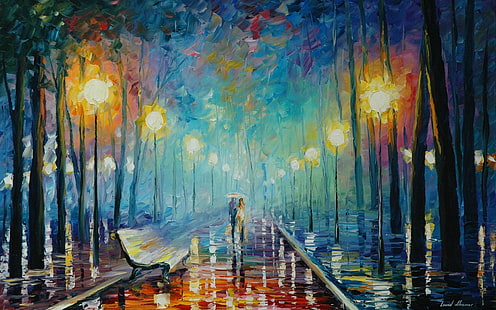 couple walking in the rain painting, lovers, rain, umbrella, trees, street light, painting, HD wallpaper HD wallpaper