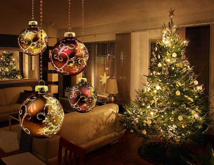 decoration, lights, tree, interior, New year, decor, christmas tree, Merry Christmas, ornament, light balls, light up balloons, HD wallpaper