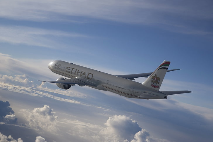 weißes Flugzeug, Der Himmel, Wolken, Liner, Flug, Das Flugzeug, Passagier, Airbus, Jet, A330, Etihad, Airways, Widebody, HD-Hintergrundbild
