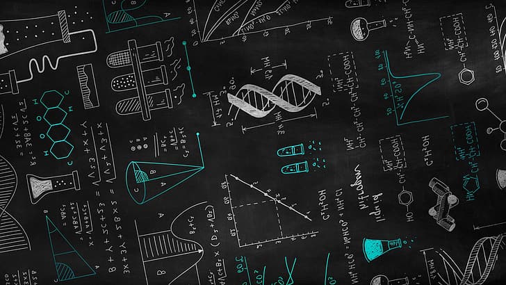 alchemical formula, mathematical formulas, formula, DNA, chemistry, science, diagrams, cells, black background, mirrored, HD wallpaper