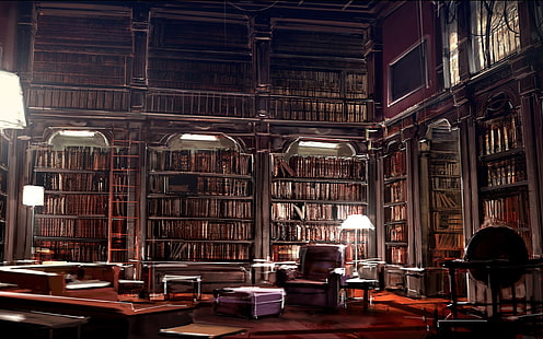 sillón marrón, literatura, libros, biblioteca, obras de arte, arte digital, Fondo de pantalla HD HD wallpaper