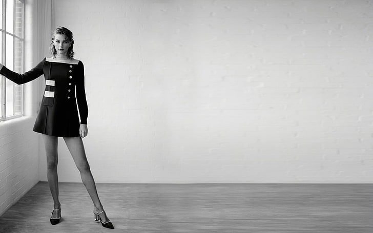 women's black square-neck long-sleeved mini dress, singer, Taylor Swift, photoshoot, Wonderland, September 2014, HD wallpaper