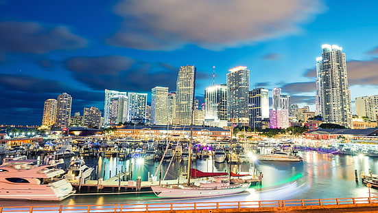 Miami, USA, Vereinigte Staaten, Innenstadt, Nacht, Skyline, Yachthäfen, Segeln, Häuser, Yacht, Gebäude, Gebäude, Himmel, Wolkenkratzer, HD-Hintergrundbild HD wallpaper