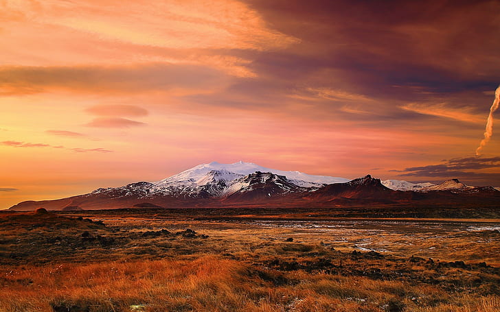 منظر أيسلندا جبل الغروب طبيعة التندرا الغيوم ثلج، خلفية HD