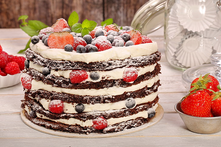 food, cake, strawberries, blueberries, dessert, chocolate, HD wallpaper